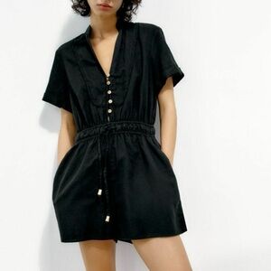 Zara Linen Black Button-Up Romper - Small